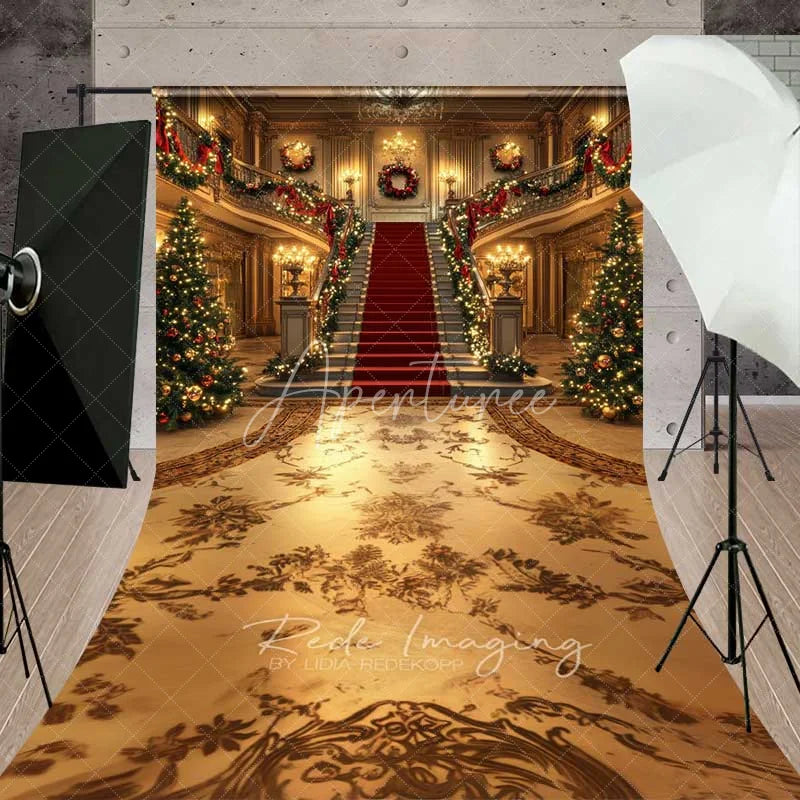 Aperturee - Aperturee Grand Palace Christmas Sweep Backdrop Red Carpet Staircase Gold Mansion Floor Photo Background