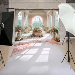 Aperturee - Aperturee Grand Palace Rose Hall Backdrop Elegant Pink Draping and Flower Vase Scene Royal Wedding Photography