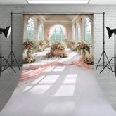 Aperturee - Aperturee Grand Palace Rose Hall Backdrop Elegant Pink Draping and Flower Vase Scene Royal Wedding Photography