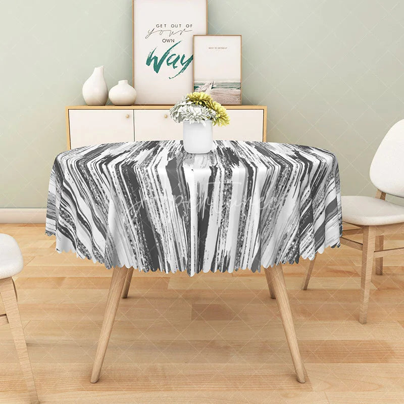 Aperturee - Aperturee Gray Abstract Brushstroke Stripe Round Tablecloth for Modern Minimalist and Industrial Style Decor