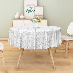 Aperturee - Aperturee Gray Botanical Leaf Stripe Round Tablecloth with Faux Scalloped Edge for Modern Farmhouse Decor