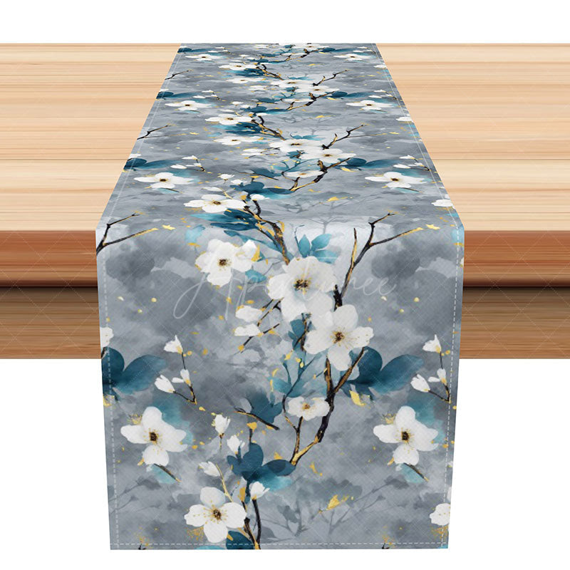 Aperturee - Aperturee Gray Floral Table Runner in an Ink Painting Style with Faux Glitter Moody and Elegant Botanical Art Decor