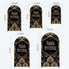 Aperturee - Aperturee Great Gatsby Happy Birthday Arch Backdrop Black and Gold Art Deco Pattern Roaring 20s Themed Party Photo Booth