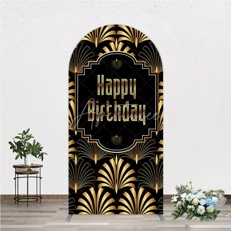 Aperturee - Aperturee Great Gatsby Happy Birthday Arch Backdrop Black and Gold Art Deco Pattern Roaring 20s Themed Party Photo Booth