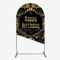 Aperturee - Aperturee Great Gatsby Happy Birthday Arch Backdrop Black and Gold Art Deco Pattern Roaring 20s Themed Party Photo Booth