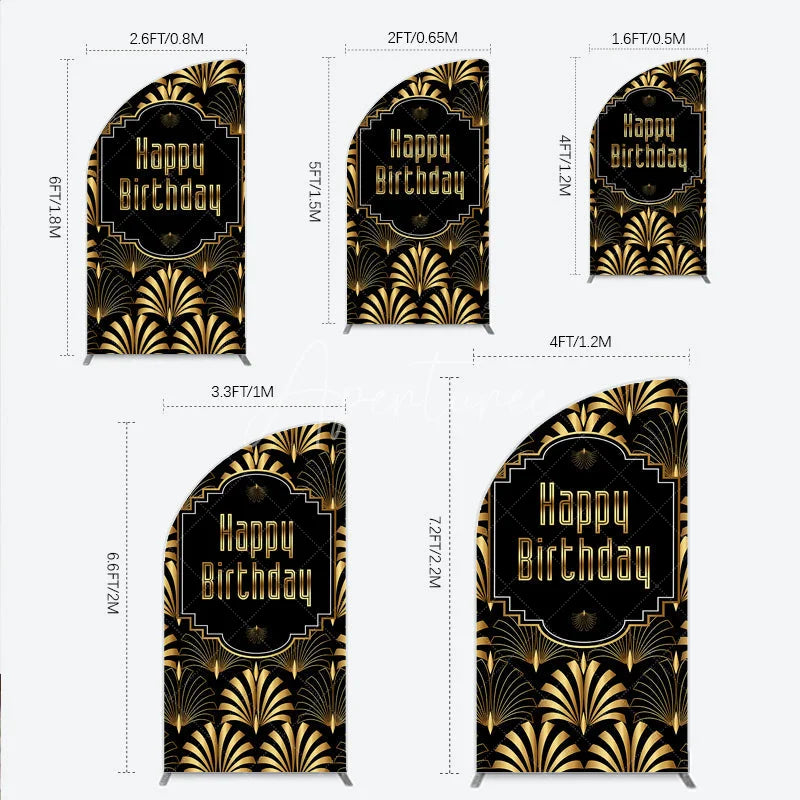 Aperturee - Aperturee Great Gatsby Happy Birthday Half Moon Arch Backdrop Black and Gold Art Deco Pattern Roaring 20s Themed Party Photo