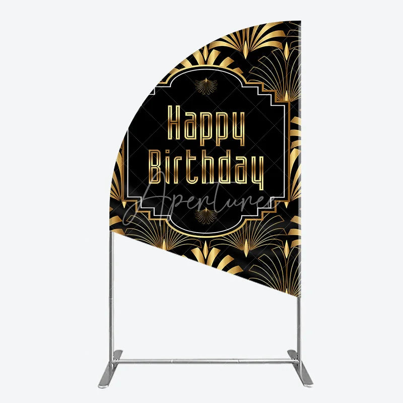 Aperturee - Aperturee Great Gatsby Happy Birthday Half Moon Arch Backdrop Black and Gold Art Deco Pattern Roaring 20s Themed Party Photo
