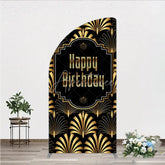 Aperturee - Aperturee Great Gatsby Happy Birthday Half Moon Arch Backdrop Black and Gold Art Deco Pattern Roaring 20s Themed Party Photo