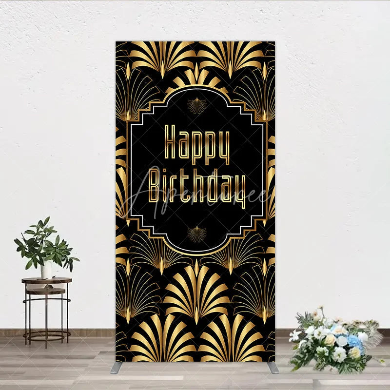 Aperturee - Aperturee Great Gatsby Happy Birthday Rectangle Backdrop Black and Gold Art Deco Pattern Roaring 20s Themed Party Photo Booth