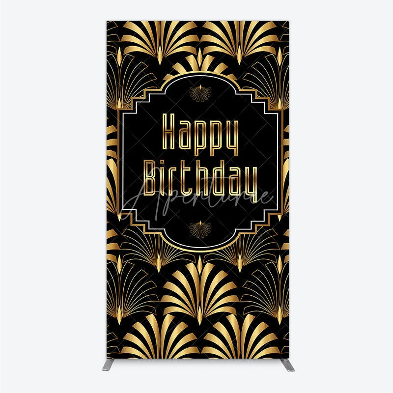 Aperturee - Aperturee Great Gatsby Happy Birthday Rectangle Backdrop Black and Gold Art Deco Pattern Roaring 20s Themed Party Photo Booth