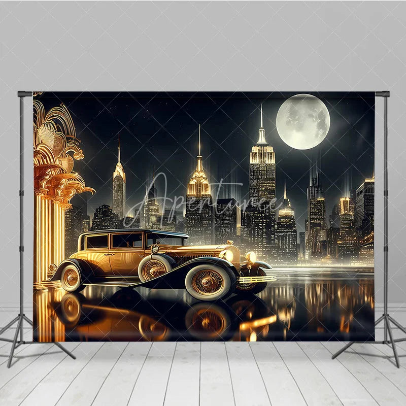 Aperturee - Aperturee Great Gatsby New York City Night Backdrop Golden Vintage Car and Skyline Photography Banner