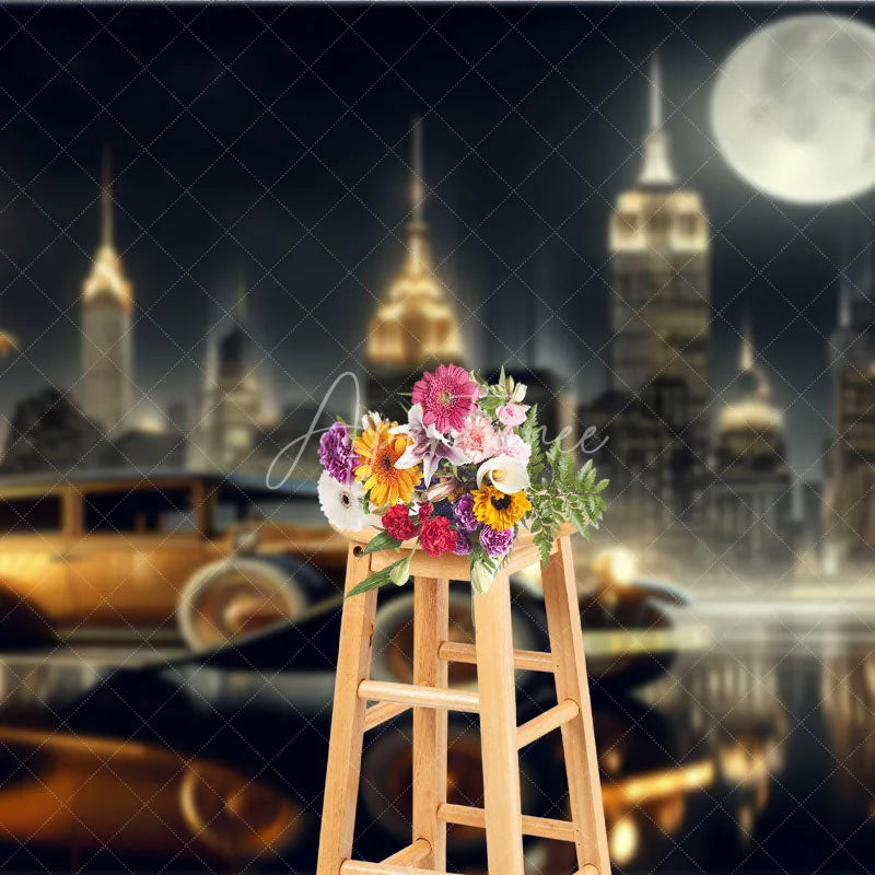 Aperturee - Aperturee Great Gatsby New York City Night Backdrop Golden Vintage Car and Skyline Photography Banner