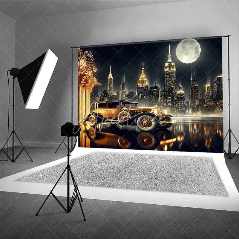 Aperturee - Aperturee Great Gatsby New York City Night Backdrop Golden Vintage Car and Skyline Photography Banner