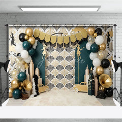 Aperturee - Aperturee Great Gatsby Theme Birthday Backdrop Art Deco Emerald Green and Gold City Skyline Cake Smash Background