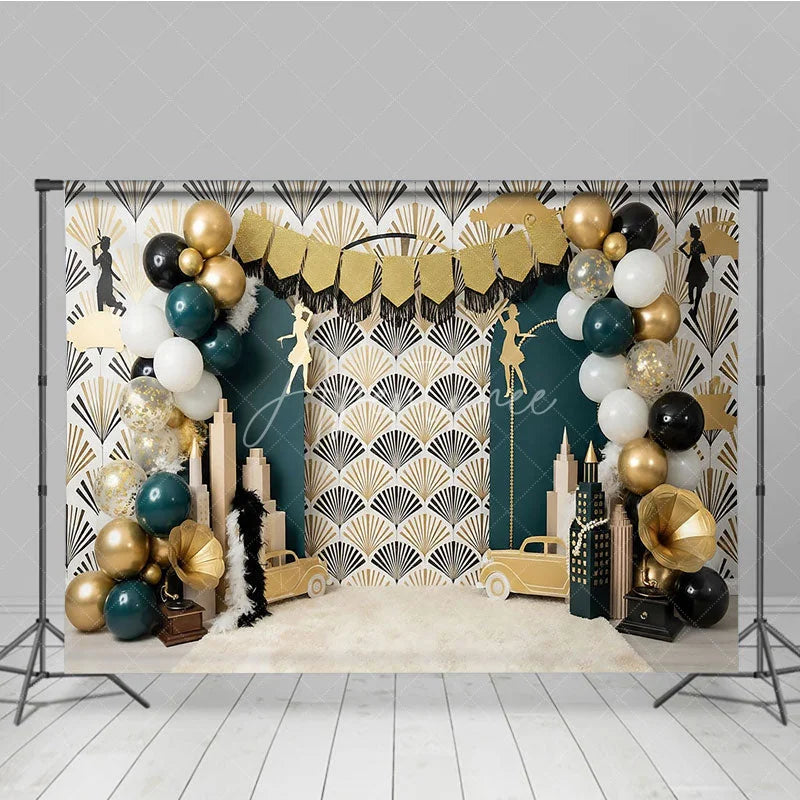 Aperturee - Aperturee Great Gatsby Theme Birthday Backdrop Art Deco Emerald Green and Gold City Skyline Cake Smash Background