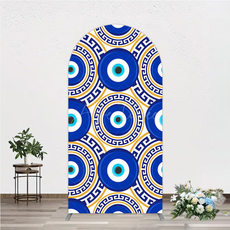 Aperturee - Aperturee Greek Evil Eye Arch Backdrop for Birthday Party Blue and Gold Nazar Amulet Pattern Protection Themed Photo Decor