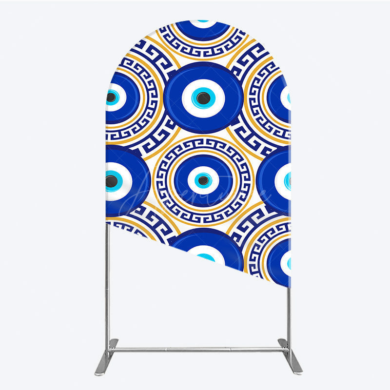 Aperturee - Aperturee Greek Evil Eye Arch Backdrop for Birthday Party Blue and Gold Nazar Amulet Pattern Protection Themed Photo Decor