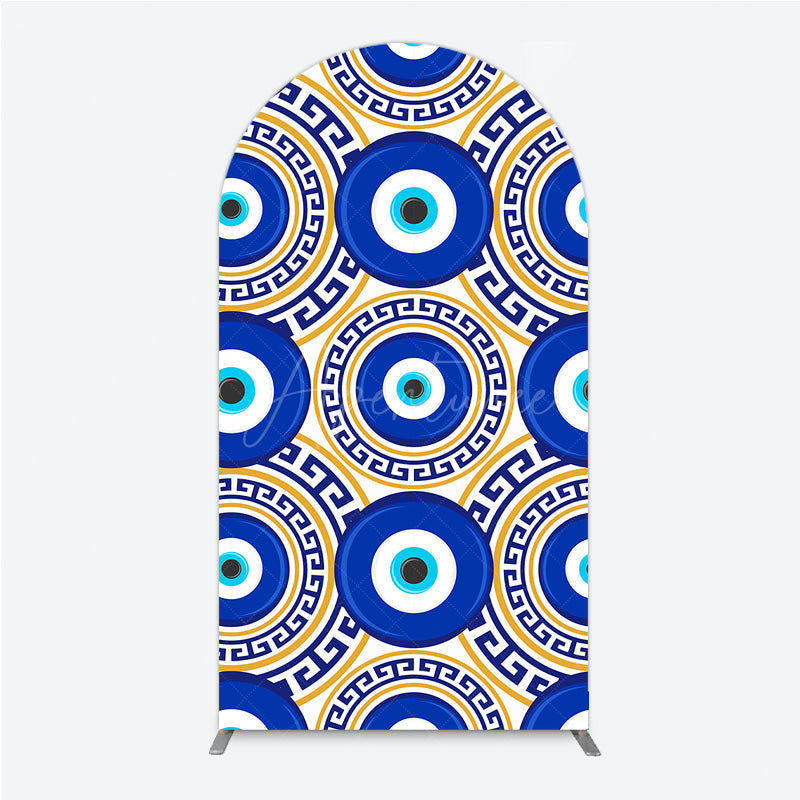 Aperturee - Aperturee Greek Evil Eye Arch Backdrop for Birthday Party Blue and Gold Nazar Amulet Pattern Protection Themed Photo Decor