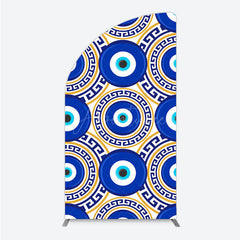 Aperturee - Aperturee Greek Evil Eye Half Moon Arch Backdrop for Birthday Party Blue and Gold Nazar Amulet Pattern Protection Themed Photo