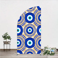 Aperturee - Aperturee Greek Evil Eye Half Moon Arch Backdrop for Birthday Party Blue and Gold Nazar Amulet Pattern Protection Themed Photo