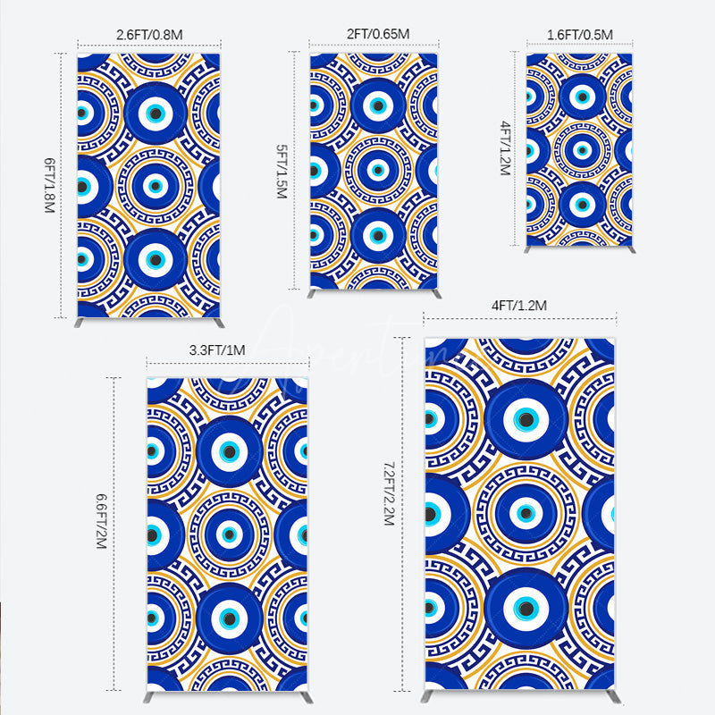 Aperturee - Aperturee Greek Evil Eye Rectangle Backdrop for Birthday Party Blue and Gold Nazar Amulet Pattern Protection Themed Photo Decor