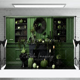 Aperturee - Aperturee Green and Black Monochromatic Halloween Photography Backdrop Elegant Fireplace with Pumpkins and Crows Decor