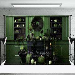 Aperturee - Aperturee Green and Black Monochromatic Halloween Photography Backdrop Elegant Fireplace with Pumpkins and Crows Decor