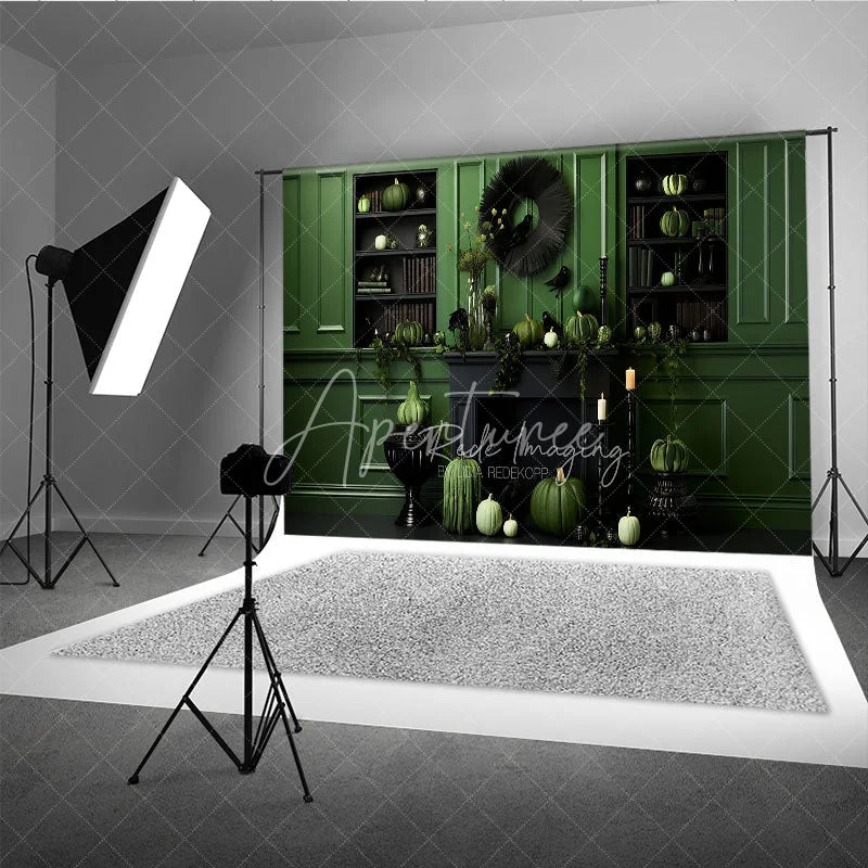 Aperturee - Aperturee Green and Black Monochromatic Halloween Photography Backdrop Elegant Fireplace with Pumpkins and Crows Decor