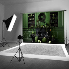 Aperturee - Aperturee Green and Black Monochromatic Halloween Photography Backdrop Elegant Fireplace with Pumpkins and Crows Decor
