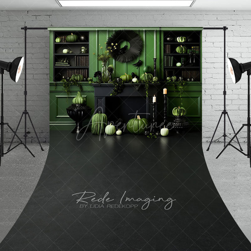 Aperturee - Aperturee Green and Black Monochromatic Halloween Sweep Backdrop Elegant Fireplace with Pumpkins Moody Photo Floor Drop
