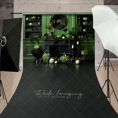 Aperturee - Aperturee Green and Black Monochromatic Halloween Sweep Backdrop Elegant Fireplace with Pumpkins Moody Photo Floor Drop