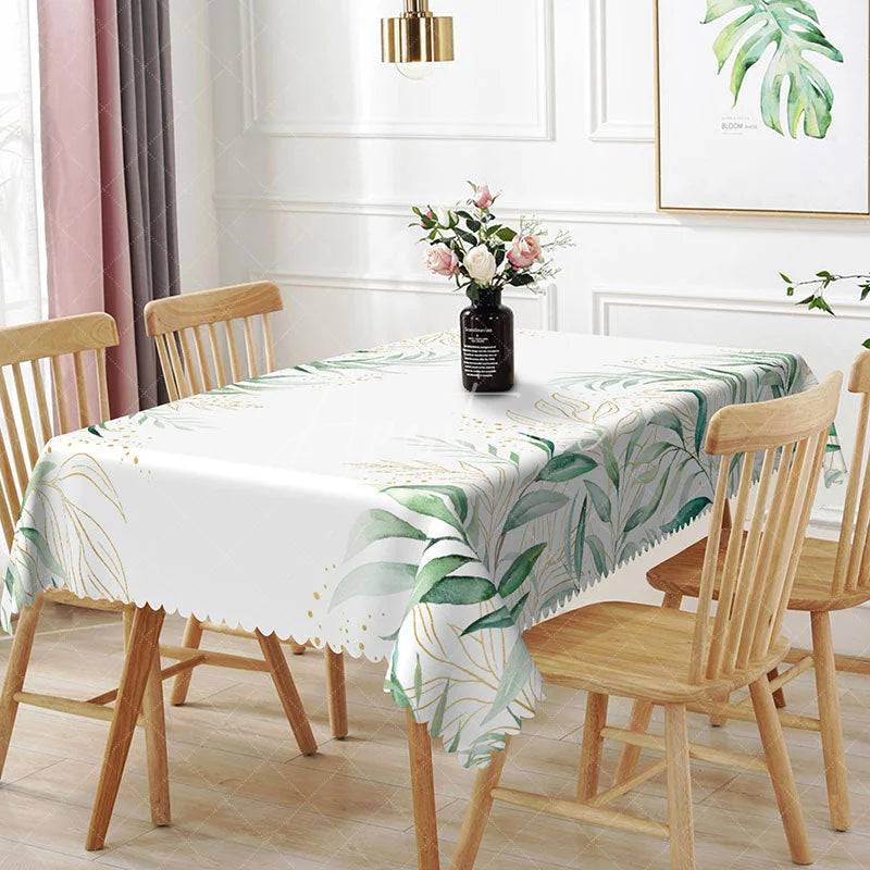 Aperturee - Aperturee Green and Gold Botanical Rectangle Tablecloth Elegant Foliage and Glitter Table Cover Luxury Decor