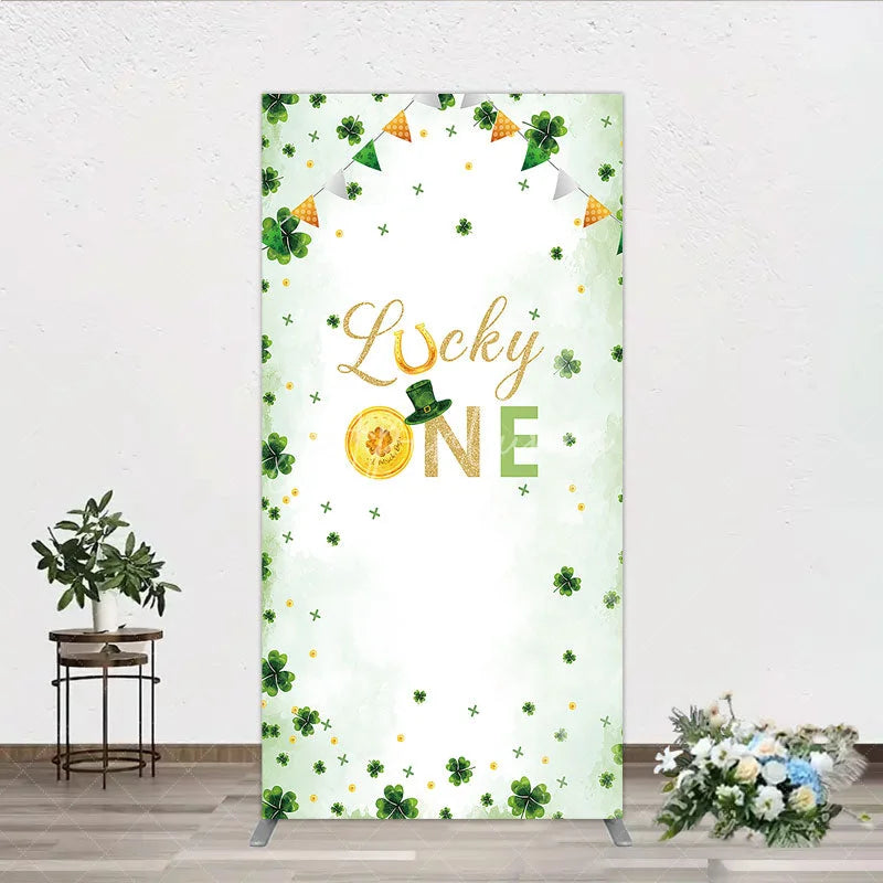 Aperturee - Aperturee Green and Gold Lucky ONE St. Patrick’s Day Rectangle Backdrop Kit Shamrock First Birthday Party Decor