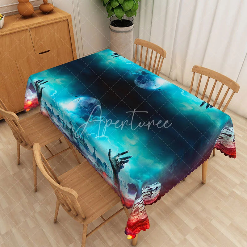 Aperturee - Aperturee Green and Red Zombie Pattern Rectangle Tablecloth for Halloween and Walking Dead Themed Party Decor