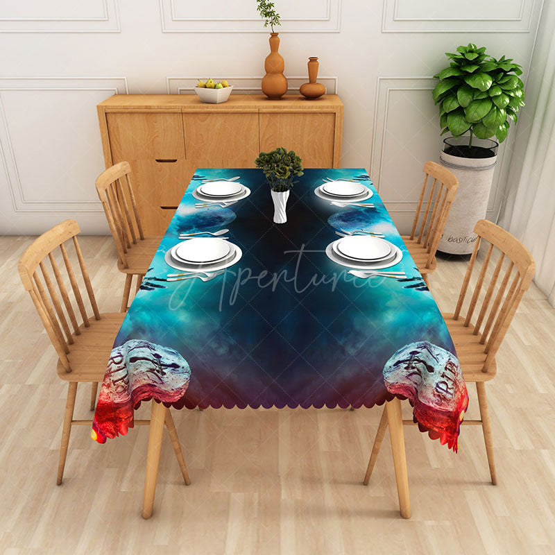 Aperturee - Aperturee Green and Red Zombie Pattern Rectangle Tablecloth for Halloween and Walking Dead Themed Party Decor