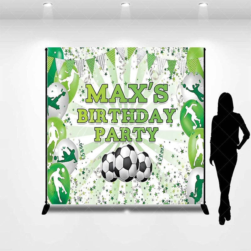 Aperturee - Aperturee Green and White Soccer Theme Custom Birthday Backdrop Personalized Sports Party Decor with Player Silhouettes