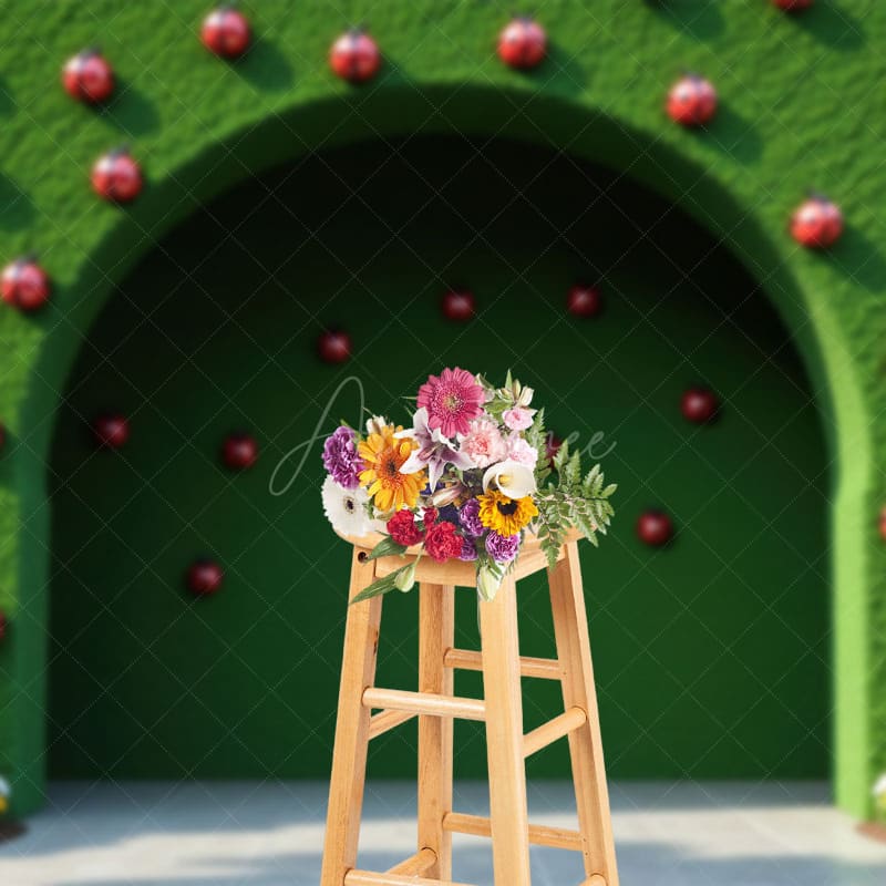Aperturee - Aperturee Green Arch Wall Ladybug Summer Photography Backdrop