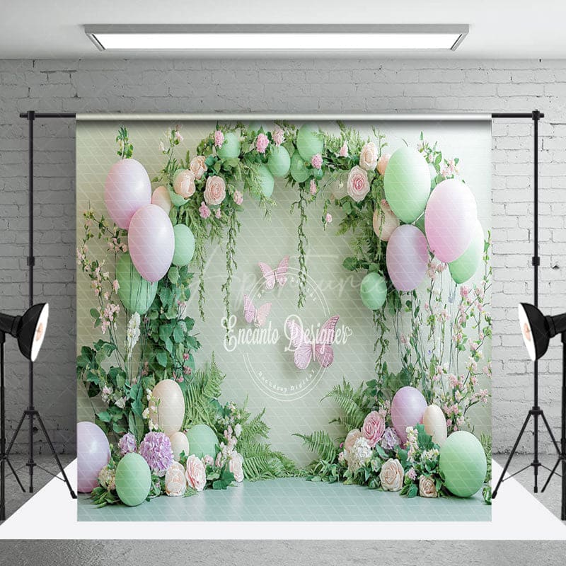Aperturee - Aperturee Green Balloons Spring Cake Smash Room Set Backdrop