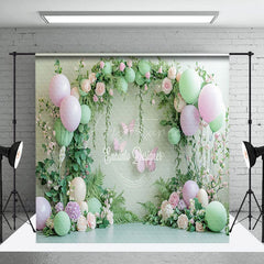 Aperturee - Aperturee Green Balloons Spring Cake Smash Room Set Backdrop