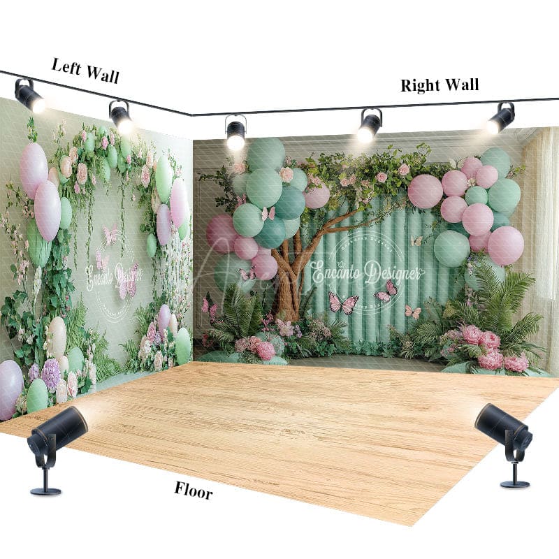 Aperturee - Aperturee Green Balloons Spring Cake Smash Room Set Backdrop