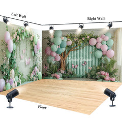Aperturee - Aperturee Green Balloons Spring Cake Smash Room Set Backdrop