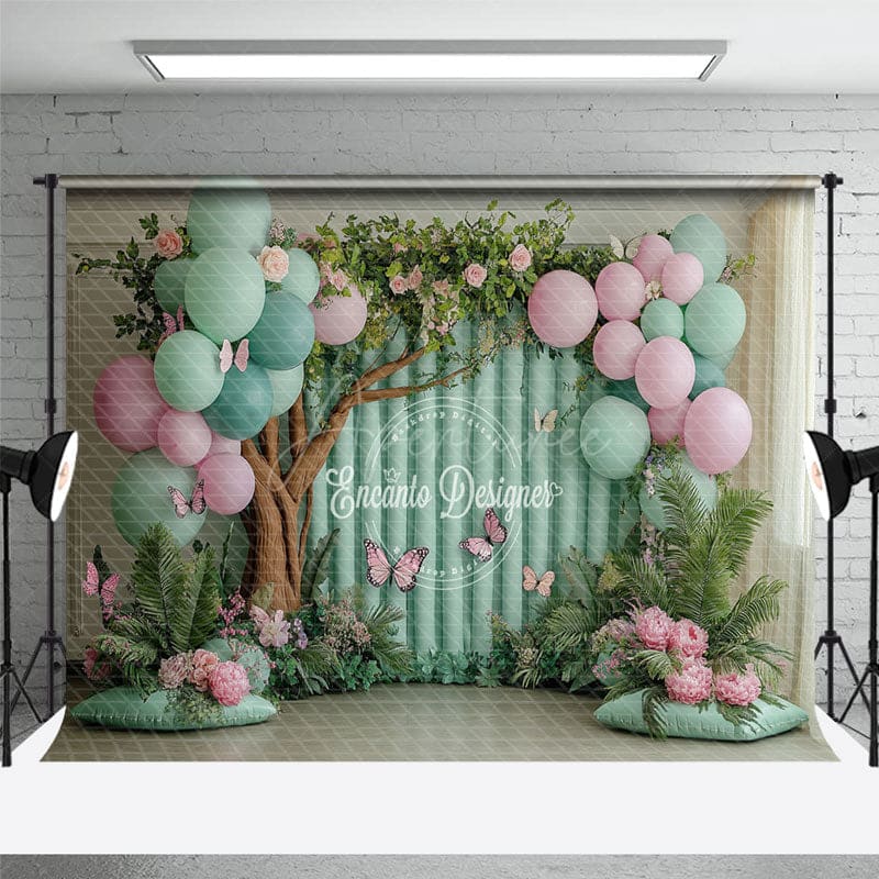Aperturee - Aperturee Green Balloons Spring Cake Smash Room Set Backdrop