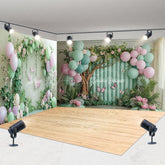 Aperturee - Aperturee Green Balloons Spring Cake Smash Room Set Backdrop
