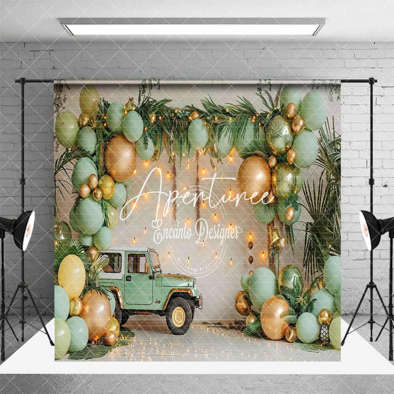 Aperturee - Aperturee Green Balloons Wild Jungle Truck Room Set Backdrop