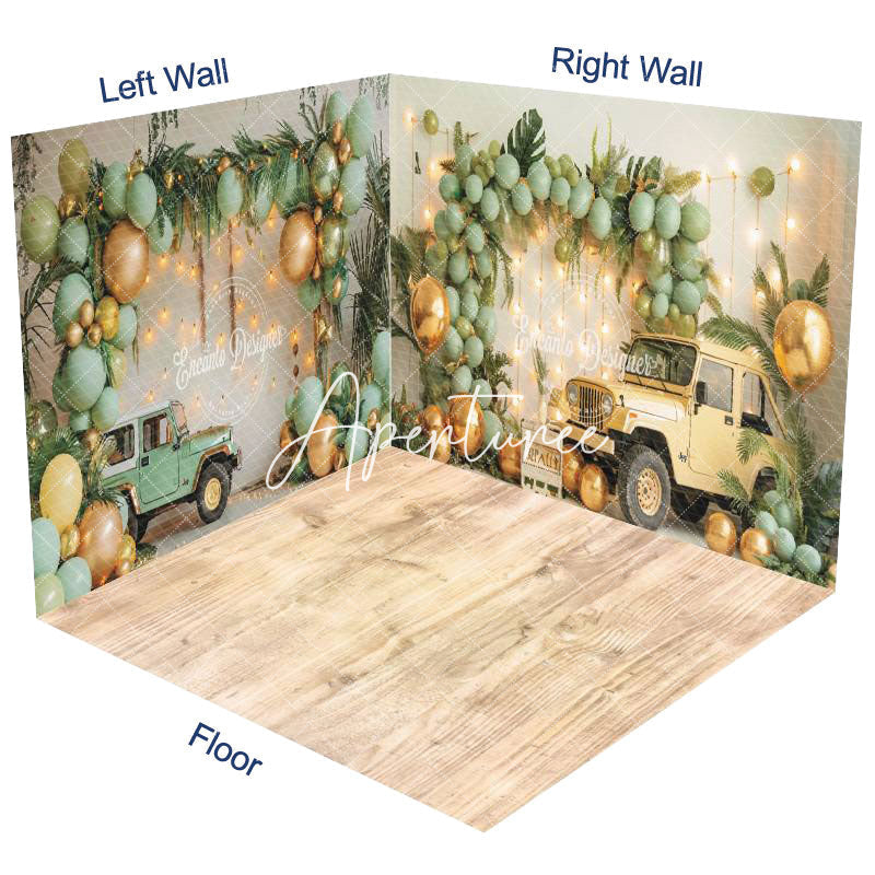 Aperturee - Aperturee Green Balloons Wild Jungle Truck Room Set Backdrop