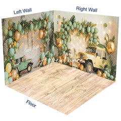 Aperturee - Aperturee Green Balloons Wild Jungle Truck Room Set Backdrop