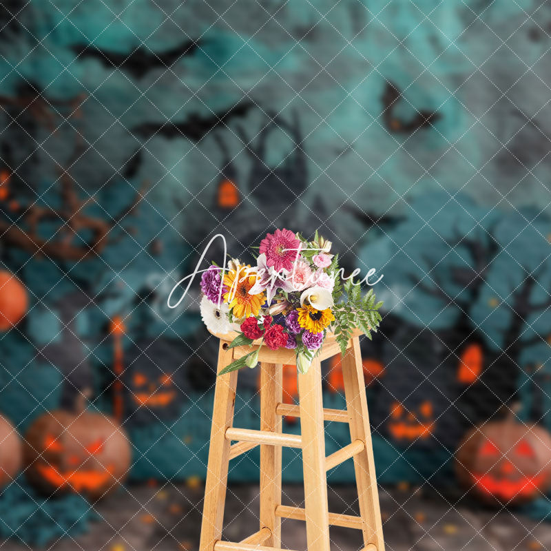 Aperturee - Aperturee Green Black Wall Castle Pumpkins Halloween Backdrop
