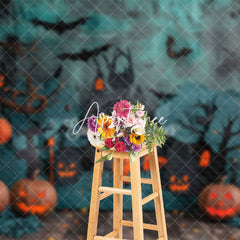 Aperturee - Aperturee Green Black Wall Castle Pumpkins Halloween Backdrop