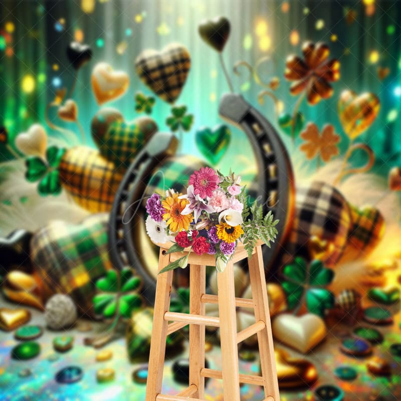 Aperturee - Aperturee Green Bokeh Clover Hearts St Patricks Photo Backdrop