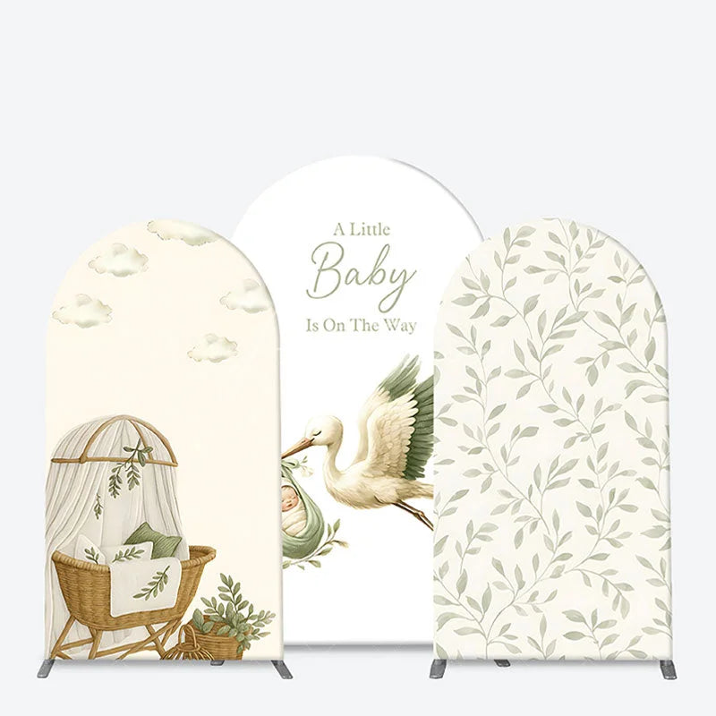 Aperturee - Aperturee Green Botanical Stork and Baby Bassinet Arch Backdrop Kit A Little Baby Is On The Way Shower Decor